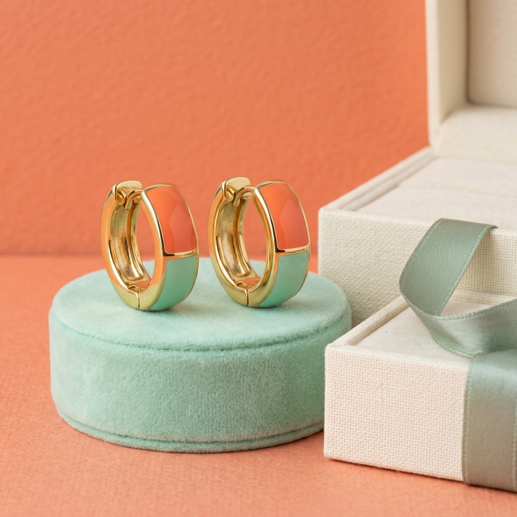 Coral and mint gold-tone huggie earring pair on a mint pedestal