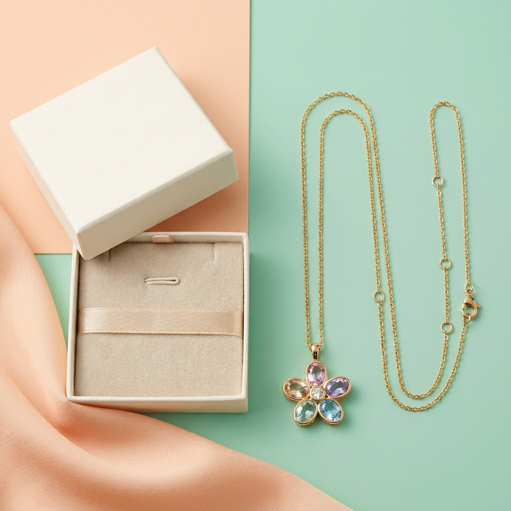 Aurora Bloom Multicolor Floral Pendant Necklace — Color-block flat lay