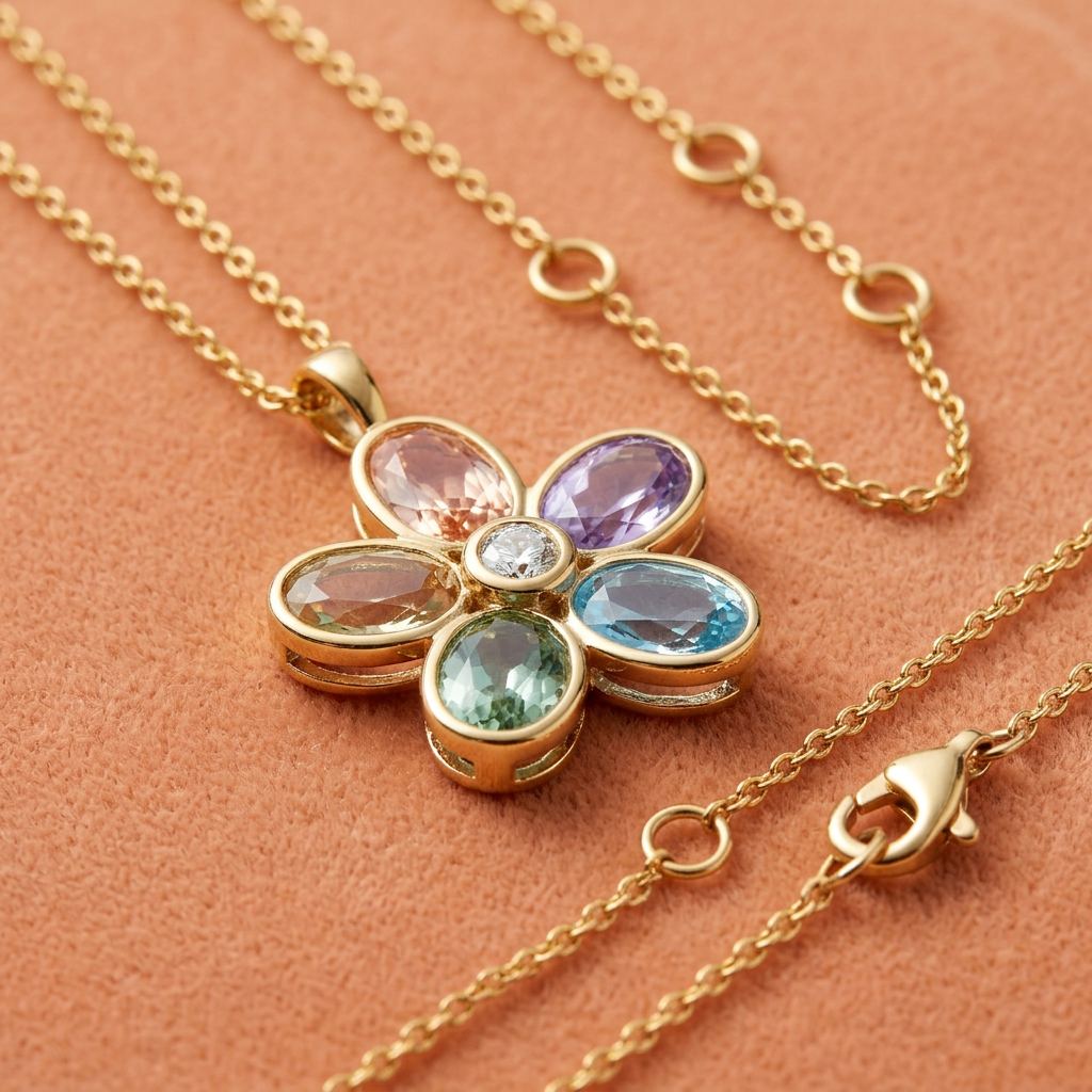 Aurora Bloom Multicolor Floral Pendant Necklace — Oblique design detail
