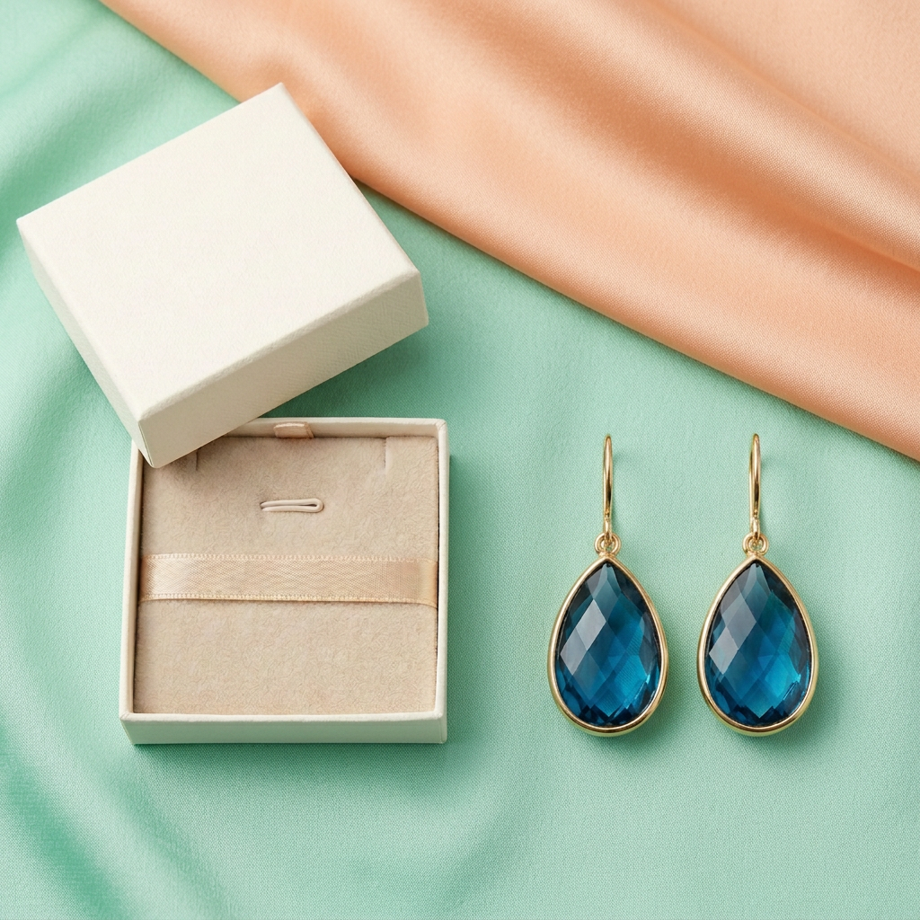 Ocean Muse Blue Teardrop Drop Earrings — Color-block flat lay