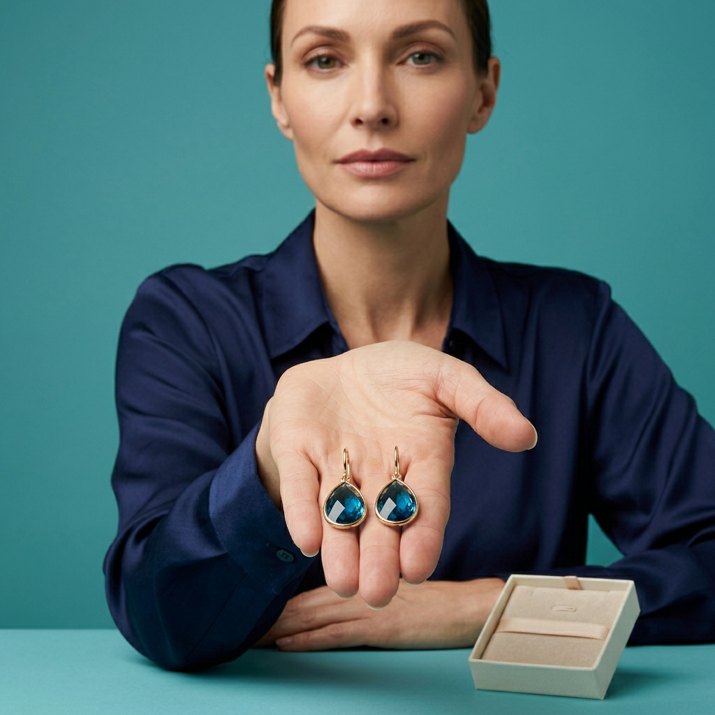 Ocean Muse Blue Teardrop Drop Earrings — Adult model presenting product