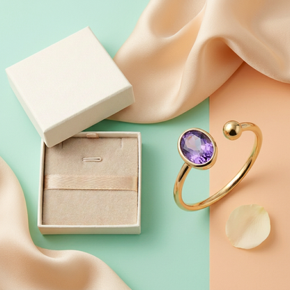 Violet Orbit Purple Oval Open Ring — Color-block flat lay