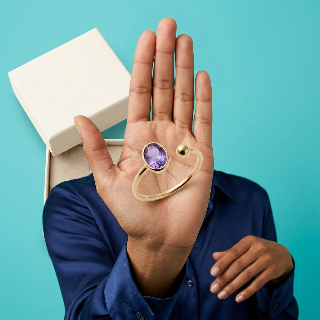 Violet Orbit Purple Oval Open Ring — Adult model presenting product