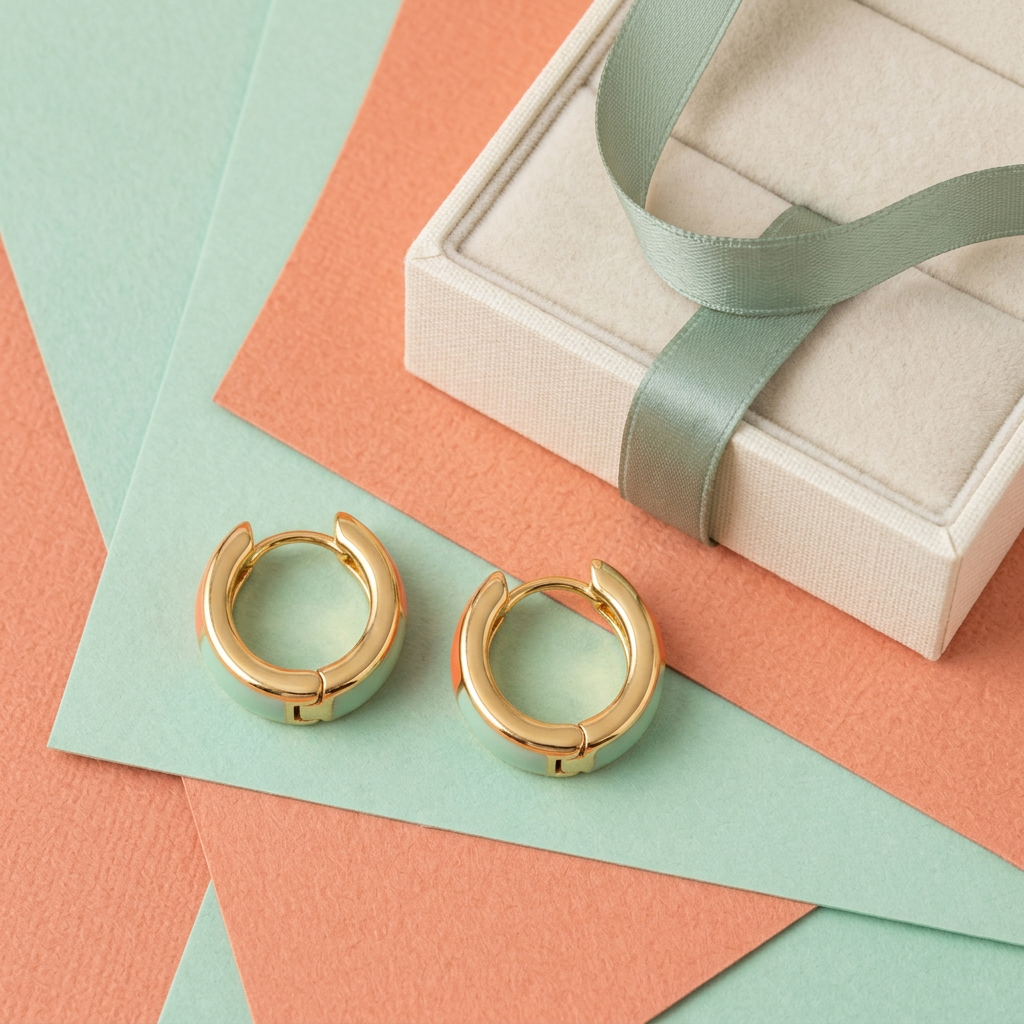 Overhead view of matching coral and mint earrings with unbranded ivory box