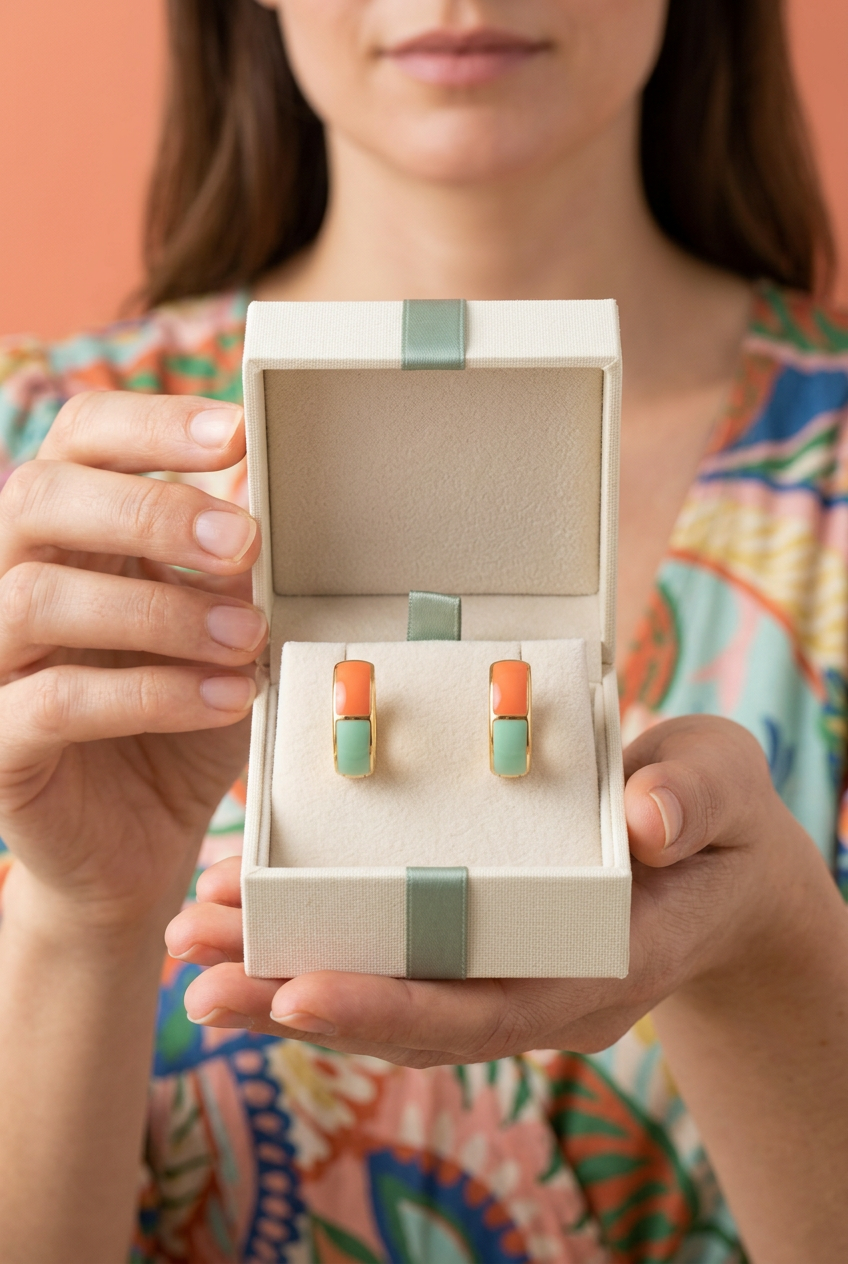 Model holding an open ivory box displaying matching earrings