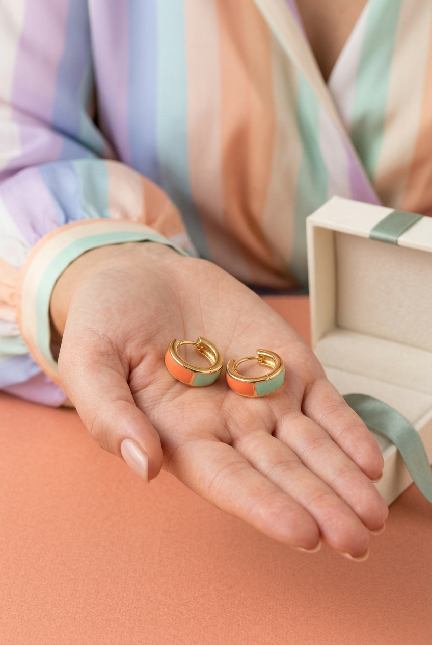 Model holding matching coral and mint earrings in her palm